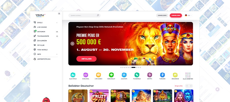 Skærmbillede af Yoju Casino's hjemmeside med en række spilleautomatspil og salgsfremmende tilbud.